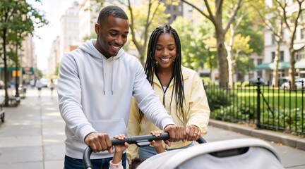 Happy young Black couple walking with baby stroller in city park. Smiling African American parents pushing pram outdoors. Family lifestyle concept