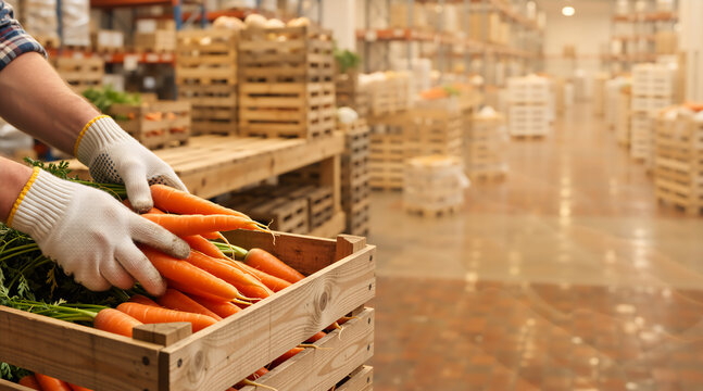 Warehouse worker hands holding fresh carrots. Packing vegetables into a wooden crate at a distribution center. Food logistics and wholesale concept
