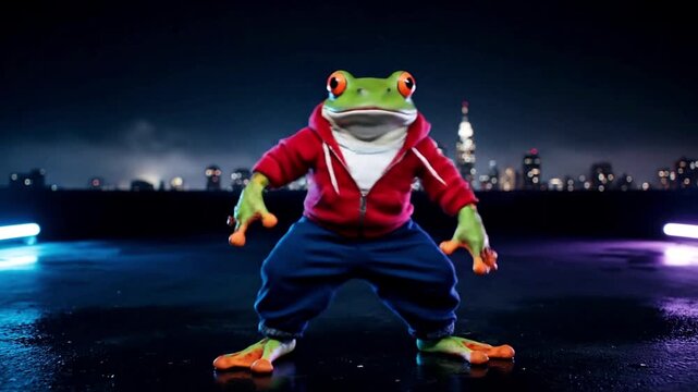 A cartoon frog wearing red jacket and blue pants dancing on a rooftop at night with cityscape background