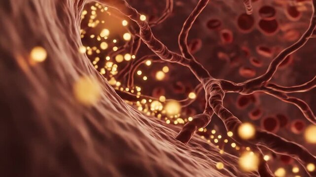 Melatonin being released into nearby capillaries, drifting outward as faintly glowing particles. Blood flow carries the molecules through calm, rhythmic microcirculation