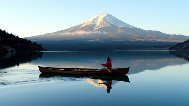 Woman paddles canoe on mountain lake at sunrise. Person rows boat near volcano peak with reflection. Woman enjoys calm lake with mountain view. Canoe adventure on peaceful mountain lake water.