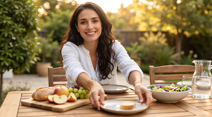 Smiling young woman serving food at a wooden garden table. Happy female enjoying a healthy outdoor lunch with salad, fruit, and bread. Al fresco dining concept