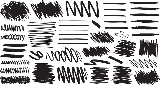 grunge strike elements. Set of hand drawn red pencil lines and strokes. Set of black hand drawn marker pen stroke line. Vector marker strokes and highlight lines.