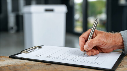 Clipboard checklist is filled by an adult hand with a pen near a ballot box, bright polling environment suggests a formal station and organized process. Concept: materials for turnout reminders