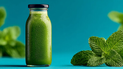 green juice in a reusable glass bottle with black cap stands beside fresh mint leaves on a vibrant turquoise background, dew droplets highlighting freshness. Concept: NATIONAL GREEN JUICE DAY