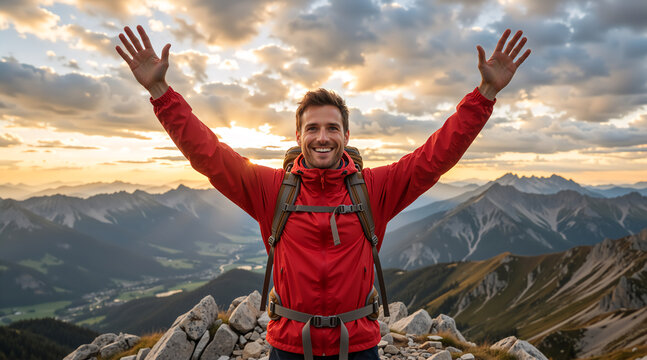 Happy hiker standing on mountain peak with arms raised in success. Man in red jacket on summit at sunset. Achievement and outdoor adventure concept