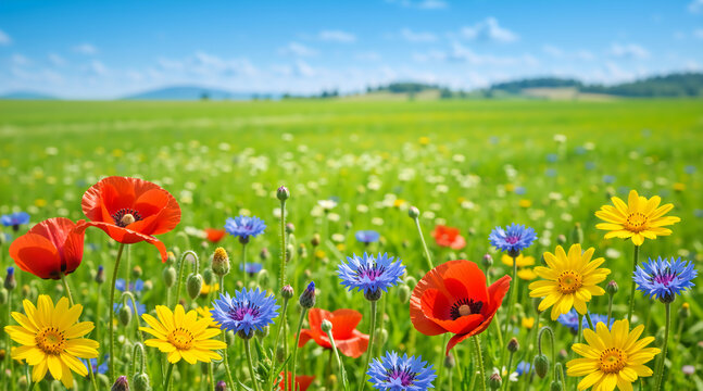 Wildflower meadow with red poppies and blue cornflowers. Vibrant spring field under a sunny blue sky. Rural landscape with blooming flowers and rolling hills - Powered by Adobe