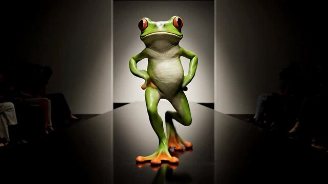 A vibrant green frog stands confidently on one leg in a dimly lit room with a spotlight shining on it