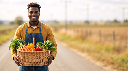 Smiling Black farmer holding a basket of fresh vegetables. Young man in denim overalls with organic harvest on a rural road. Healthy lifestyle and sustainable agriculture concept