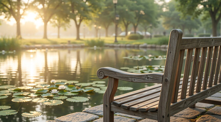 Fototapeta premium Wooden park bench by a pond with water lilies at sunrise. Golden hour sunlight filtering through trees in a public garden. Empty seat overlooking a lake in the morning