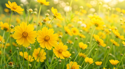 Fototapeta premium Yellow coreopsis flowers blooming in a sunny field. Close up of bright yellow daisies in a garden during golden hour. Nature floral background with soft bokeh and sunlight flares