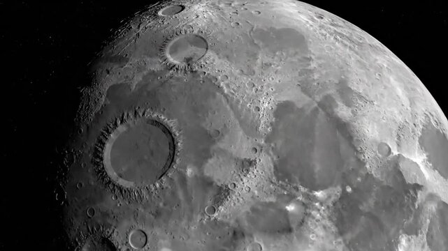 Closeup of the Moon surface showcasing craters and maria against black space