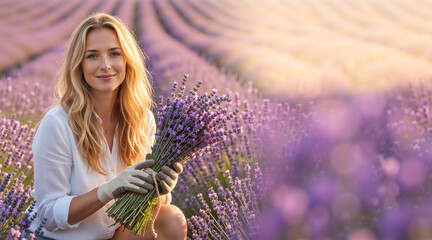 Smiling blonde woman harvesting lavender in a purple field. Female farmer holding a large bouquet of fresh flowers during golden hour. Agriculture and aromatherapy concept