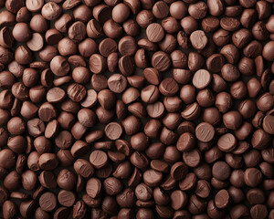 View of dark chocolate chips scattered densely across the frame