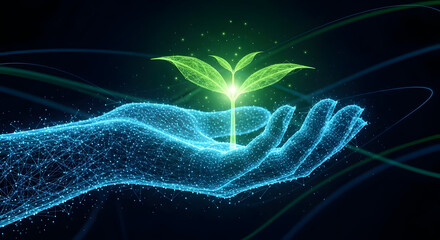Digital Glowing Plant Sprout on Cyber Human Hand