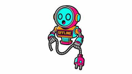 Fototapeta premium Vibrant Retro Cartoon Robot Character Offline Holding Disconnected Power Plug. Error, Network Status, Disconnection Mascot Icon.
