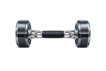 Dumbbell with chrome metal ends and black grip, fitness equipment isolated on transparent background
