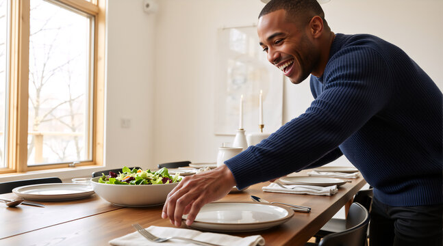Smiling Black man setting a dining table for a meal. Happy male host preparing for a dinner party at home. Healthy lifestyle and hospitality concept - Powered by Adobe
