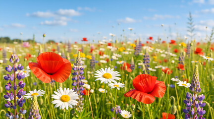 Vibrant wildflower meadow with red poppies and white daisies. Sunny field of blooming lupines and summer flowers under a blue sky. Nature background with colorful blossoms