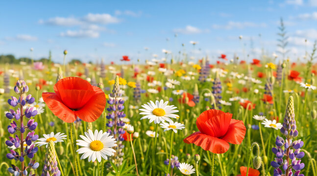 Vibrant wildflower meadow with red poppies and white daisies. Sunny field of blooming lupines and summer flowers under a blue sky. Nature background with colorful blossoms - Powered by Adobe