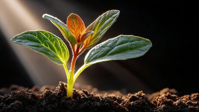 Single seedling sprouting from moist earth, two small glowing cotyledon leaves, gentle sun flare, peaceful natural mood, life beginning visual theme