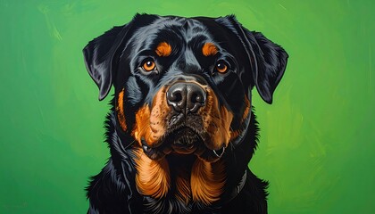 Obraz premium Rottweiler dog portrait with green background.