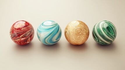 Fototapeta premium Four decorative easter eggs in a row on a plain background for creative holiday greeting card design, celebration concept.