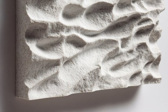 Textured white wall panel with abstract relief design showcasing undulating surfaces and shadows, ideal for modern interior decor and artistic applications with copy space