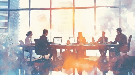 Watercolor illustration of modern business team collaborating in bright office sunlight open desks laptops coffee cups soft textures optimistic mood clean corporate style 
