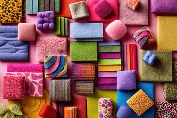 Colorful assortment of textured fabric swatches including wool and felt in various shapes and sizes arranged on a wooden surface for textile design inspiration and creative projects
