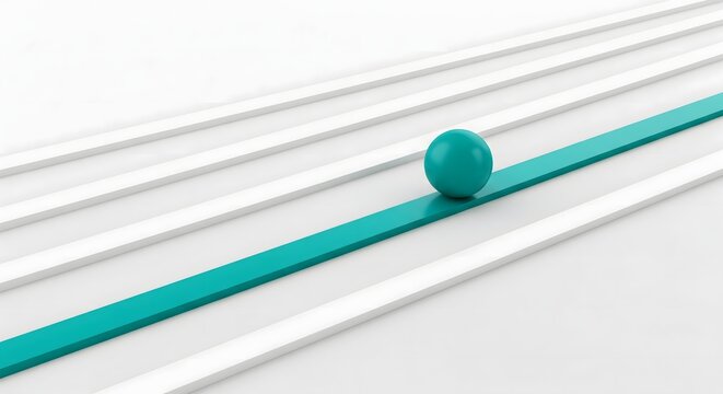 Single teal sphere moving along distinct path across parallel lines symbolizing focus clarity direction progress and choosing a clear route among many options