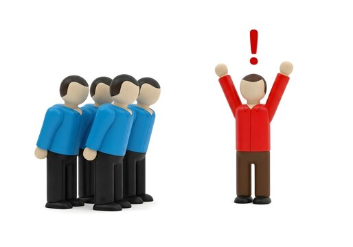 Single figure standing out from group with raised arms and exclamation mark showing initiative attention leadership confidence and standing apart from the crowd