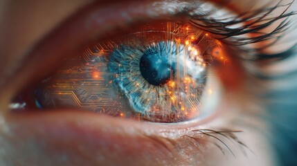 Close up of a woman eye with digital circuit board overlay. Concept of futuristic biotechnology and artificial intelligence. Vision and innovation.