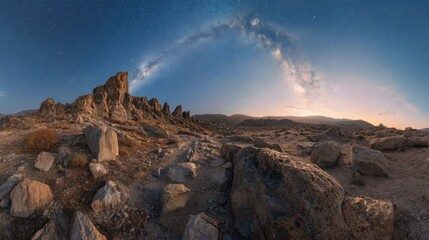 Obraz premium Milky Way arc over desert landscape at night. Starry sky above rocky mountains with glowing galactic core. Astronomy and nature concept.