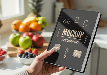 Hand Holding Book Kitchen Mockup