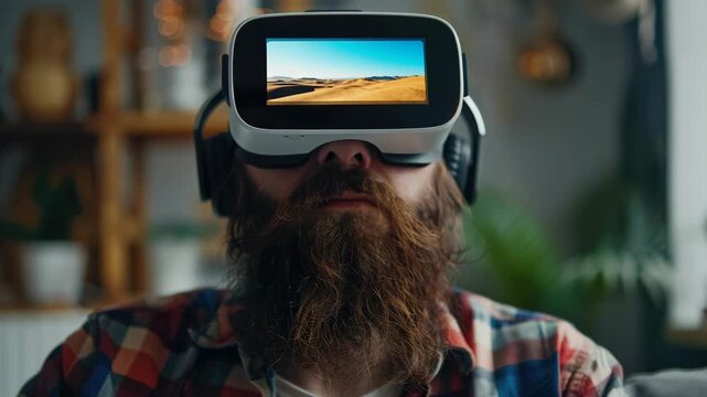 A man with a beard wearing a virtual reality headset and headphones in an indoor setting.