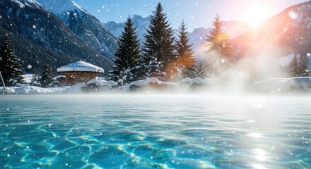 Naklejka premium Winter Thermal Retreat: Experience the contrast of a hot, steaming pool against the backdrop of snow-covered mountains and serene winter landscape.