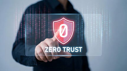 Professional hand tapping futuristic zero trust cybersecurity shield interface with fallin