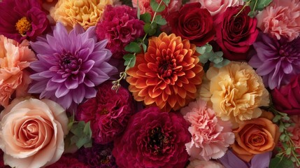 Bright floral arrangement close-up, including dahlias, roses, carnations, and greenery. Flowers for spring, Wedding, romantic decor.