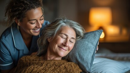Compassionate Caregiver Comforts Smiling Senior Woman at Home, Elder care, Senior care