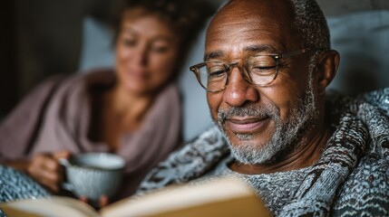 Cozy Evening: Senior Man Reading Book in Bed with Partner, Couple