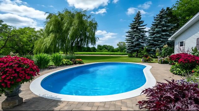 A serene backyard scene featuring a kidney-shaped pool surrounded by lush greenery and vibrant flowers on a sunny day with a clear blue sky