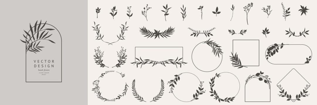 Collection of floral frames with silhouettes of branches, leaves and flowers. Hand drawn elegant delicate botanical borders and wreaths. Vector isolated elements for wedding invitation, card, logo
