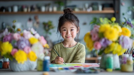 Smiling Little Girl Painting Art, Surrounded by Vibrant Flowers, Child