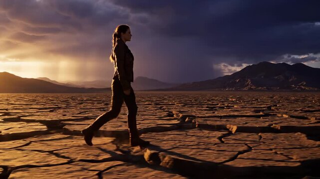 Woman walks on cracked desert ground during dramatic sunset. Desert walker crosses cracked earth at sunset. Woman traverses desert with storm approaching. Cracked ground beneath walking woman at