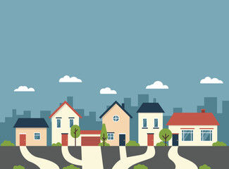 suburban neighborhood featuring colorful houses, winding pathways, and green trees. A city skyline silhouette and soft clouds sit under a clear blue sky background.
