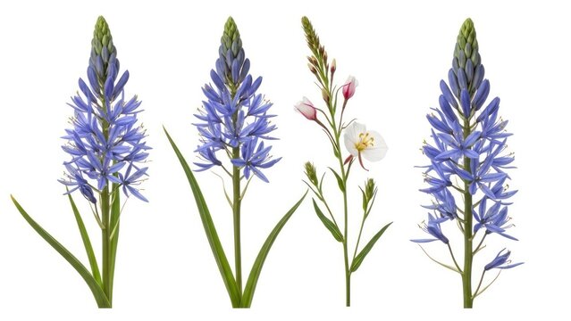 Vibrant blue camas flowers on white background for decorative and design purposes