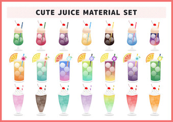 ハワイアンなトロピカルなジュースやカラフルで可愛らしいアイスフロートのイラスト素材セット