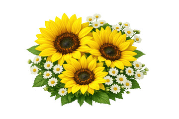 Obraz premium Warm sunflower bouquet with white daisies, green leaves, and buds, celebrating summer vibrancy and nature's beauty on transparent background
