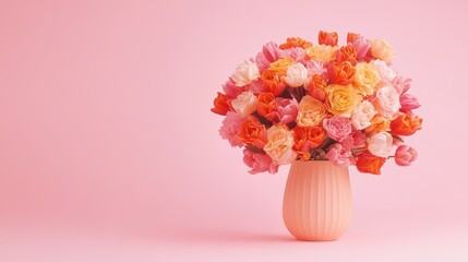 Vase of Pastel Blooms: A captivating display of vibrant, pastel-colored flowers bursts forth from an elegant vase, against a delicate pink backdrop, radiating beauty.